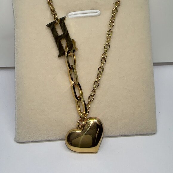 18K Gold Stainless Steel Women’s Necklace With Heart Charm & H Pendant - Picture 3 of 4